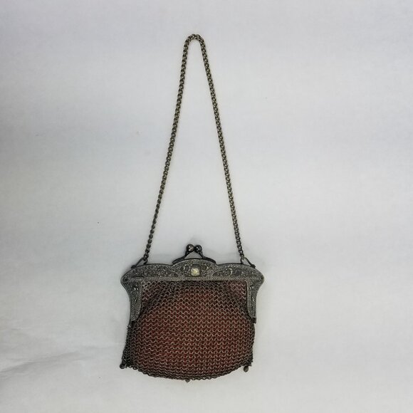 Victorian Purse GERMAN SILVER Mesh EVENING Bag Ornate Floral Frame Kiss Lock VTG - Picture 3 of 11